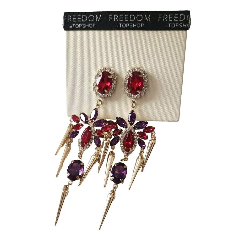 Nwt Topshop Freedom Gold Statement Earrings Rhinestone Chandelier Red Valentines